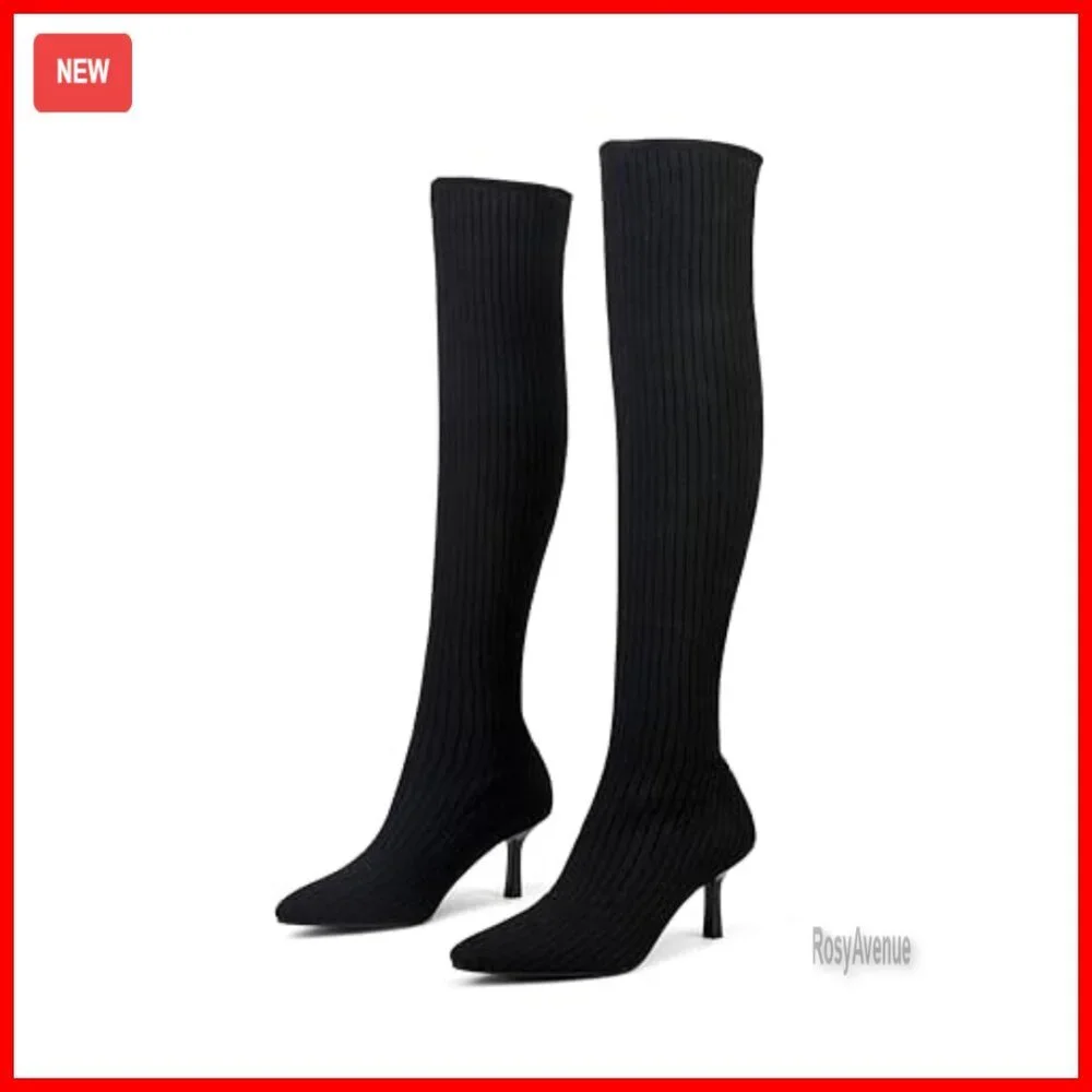 Over-the-Knee Knit Boots with 4-Inch Stiletto Heel, Pointed Toe